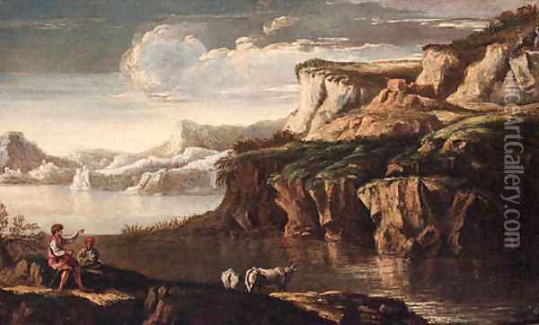 A rocky Italianate landscape with drovers and cattle at a pool Oil Painting - Salvator Rosa