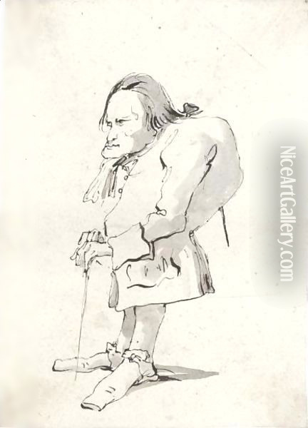 A Caricature Of A Man With Hunched Back Holding A Stick Oil Painting - Giovanni Battista Tiepolo