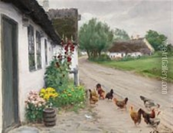 Chickens Pecking After Seeds Near A Farm House Oil Painting - Hans Andersen Brendekilde