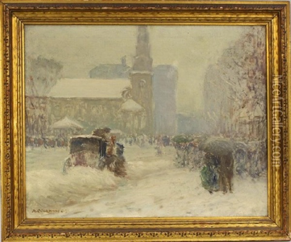 Boston Winter Scene, Arlington Street Church Oil Painting - Arthur Clifton Goodwin