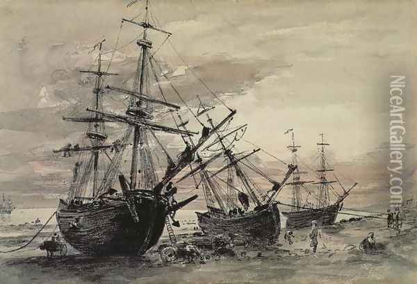 Coal Brigs on Brighton Beach, c.1824 Oil Painting - John Constable