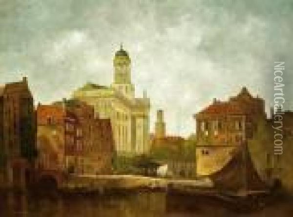 Cityscape With The Inner Harbour Of Utrecht Oil Painting - Pieter Cornelis Dommershuijzen