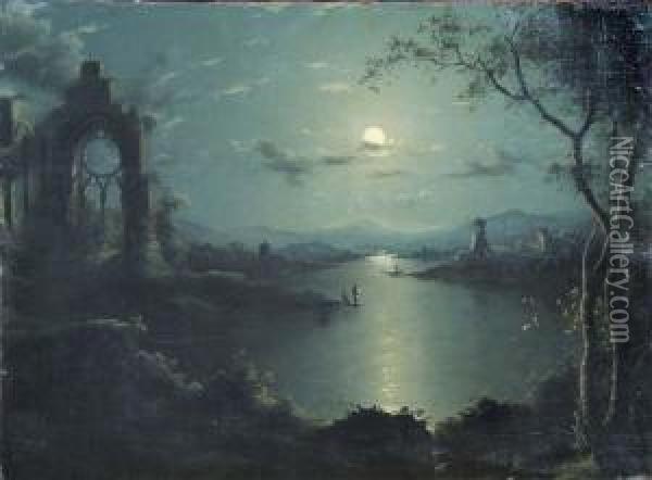 A Moonlit View Of Lake And Church Ruin Oil Painting - Henry Pether