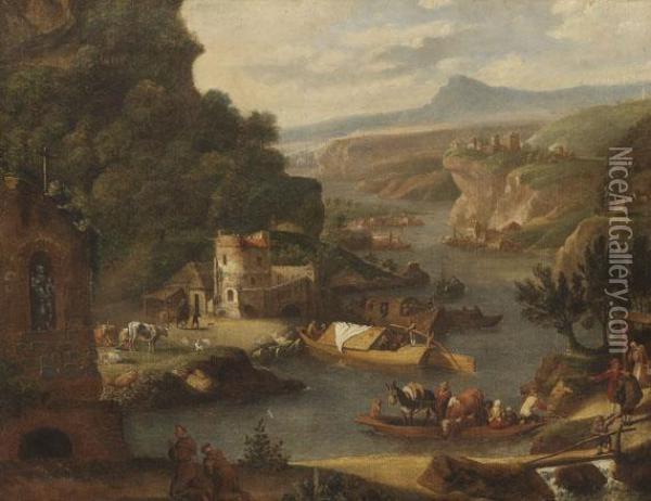 Flusslandschaft Mit Hirten, Vieh Und Schiffen Oil Painting - Jan Hackaert