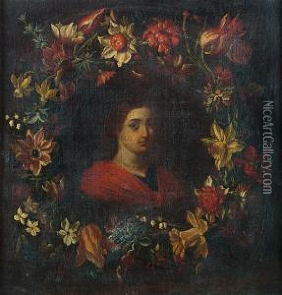 The Young Christ Surrounded By A Garland Of Flowers Oil Painting - Pier Francesco Cittadini Il Milanese