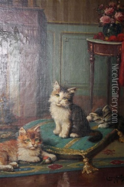 Les Trois Chatons Oil Painting - Leon Charles Huber