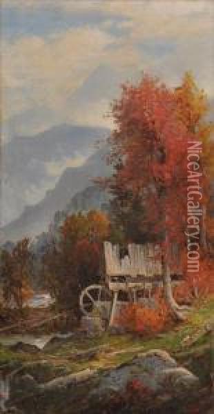 Autumn Landscape With Old Mill Oil Painting - George W. Waters