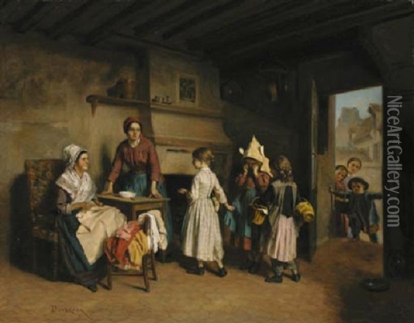 A Visit To Grandmother Oil Painting - Theophile Emmanuel Duverger