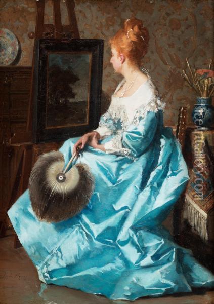 Lady In A Blue Dress Oil Painting - Jean De La Hoese
