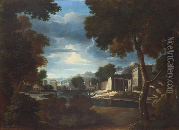 A Classical Landscape With A Town On A River And Numerous Figures Oil Painting - Jan Frans Van Bloemen (Orizzonte)