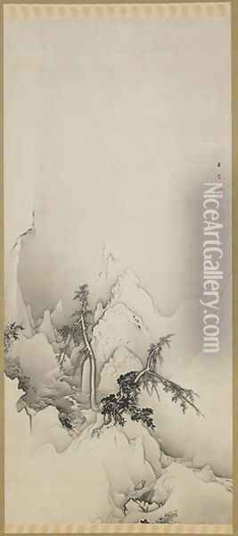 Winter landscape a ravine Edo period Oil Painting - Hogai Kano