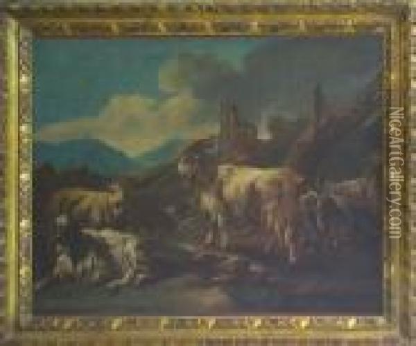 Paesaggio Con Capre, Pecore E Cani Oil Painting - Philipp Peter Roos