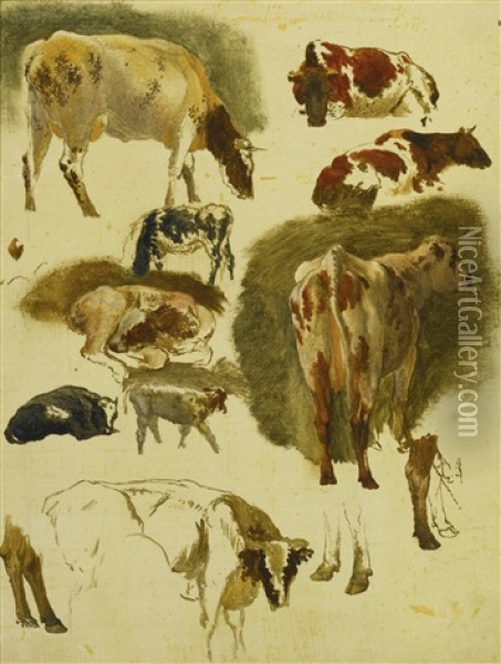 Studies Of Cows And Calves And Studies Of Cows, Pigs And A Tree: A Pair Of Paintings Oil Painting - Robert Hills