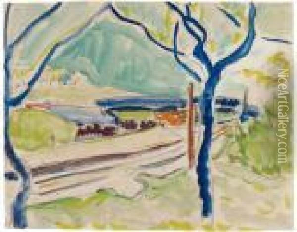 Landschaft Mit See Im Hintergrund. Ruckseitig: Badende Oil Painting - Ernst Ludwig Kirchner