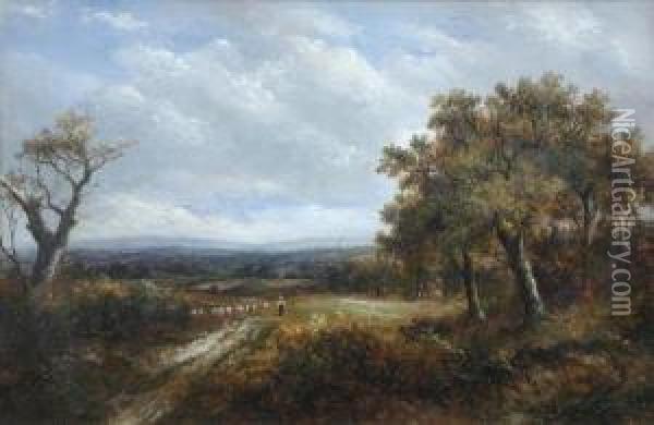 A Shepherd With Sheep In A Wooded Landscape Oil Painting - Joseph Thors