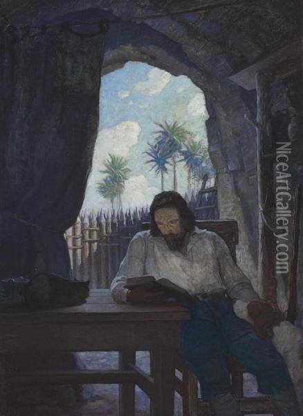 --in The Morning I Took The 
Bible; And Beginning At The New Testament, I Began Seriously To Read 
It-- Oil Painting - Newell Convers Wyeth