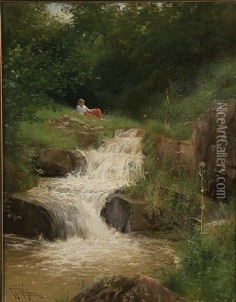 A Woman Next To A Flowing Creek Oil Painting - Raimund (Ritter von Brennerstein) Wichera