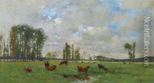 Vaches Au Pre Oil Painting - Pierre Emmanuel Eugene Damoye