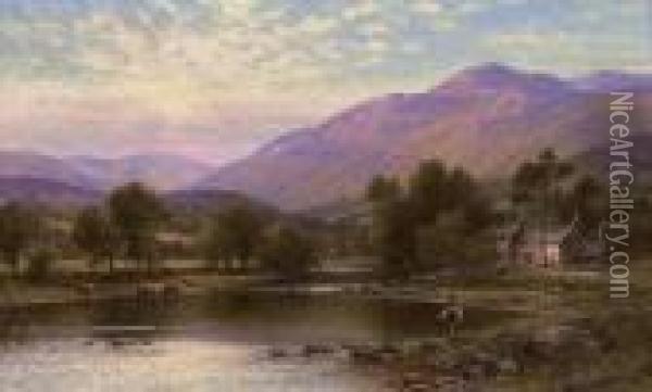 An Angler On The Derwent, Cumberland Oil Painting - Alfred Augustus Glendening