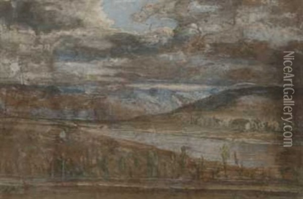 Fjordlandskap Med Steingjerde Oil Painting - Lars Hertervig
