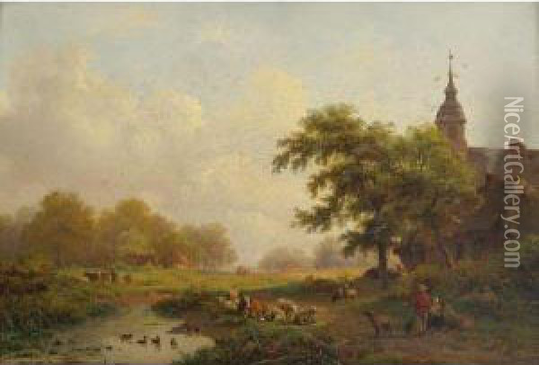 Summer Landscape With Sheperds And Cattle Near A Village Oil Painting - Frederik Marianus Kruseman