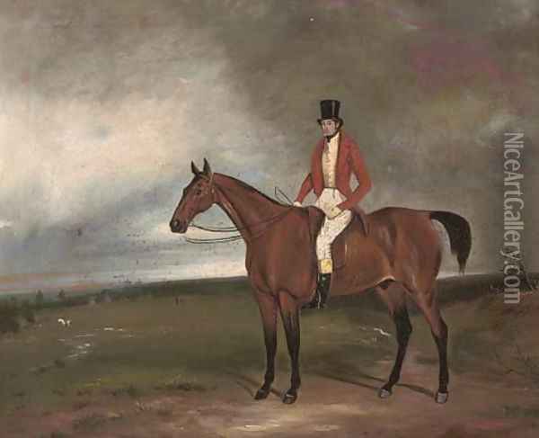 A gentleman on his favourite hunter, in an extensive landscape Oil Painting - English School