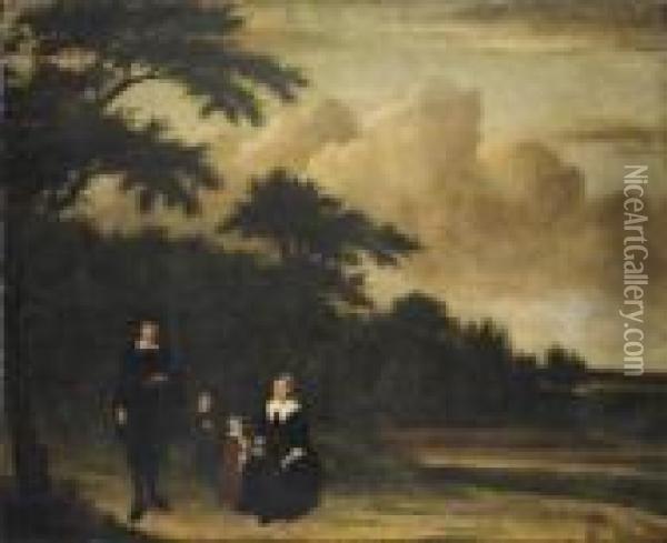 Group Portrait Of A Gentleman 
And A Lady With Their Children In An Extensive Wooded Landscape Oil Painting - Philips Koninck