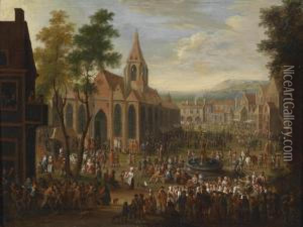 A Festival On A Civic Square With Numerousfigures Oil Painting - Pieter Van Bredael