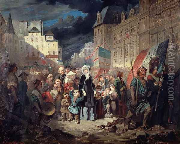 Madame Lamartine adopting the children of patriots killed at the barricades in Paris during the Revolution of 1848, 1848 Oil Painting - Francois Claudius Compte-Calix