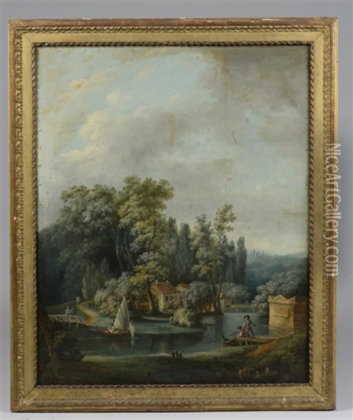 Pecheur Sur Un Etang, Promenade En Barque Sur Un Etang (pair) Oil Painting - Nicolas-Jacques Juliard