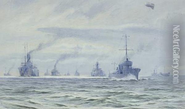 A Wartime Convoy Under Destroyer Escort Oil Painting - Alma Claude Burlton Cull