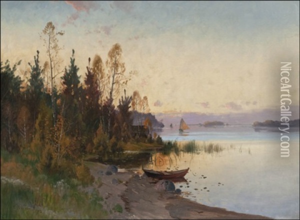 Auringonlasku Jarvella (sunset At The Lake) Oil Painting - Carl Brandt