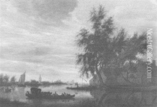 Eine Grosse Fahre Mit Bauern Und Einer Pferdekutsche Setzt Uber Einen Fluss Oil Painting - Salomon van Ruysdael