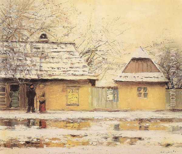 Village Street in Winter Oil Painting - Laszlo Mednyanszky