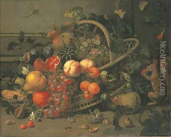 Apricots, peaches, plums, a pomegranate, a watermelon, an orange, a pear and corn in a basket, with cherries, chestnuts, snails, a bee Oil Painting - Jan Mortel