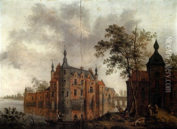A Moated Castle And Its Gatehouse, With Peasant Figures And A Dog Oil Painting - Jan Van Der Heyden