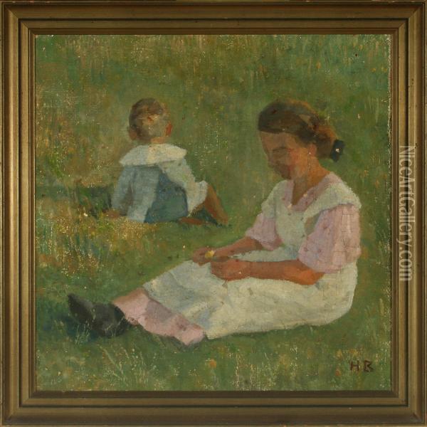 Boy And Girl Sitting In The Grass Oil Painting - Hedvig Brandt