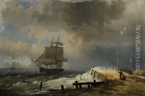 Segelschiffe Auf Bewegter See In Ufernahe Oil Painting - Egidius Linnig