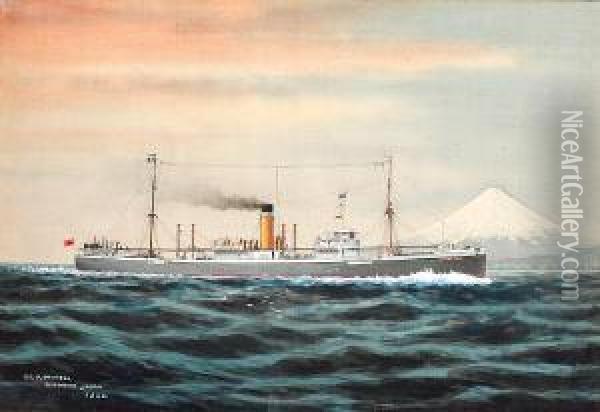 A Portrait Of The Steamer Ss Langton Hall Off Fuji Oil Painting - H Shimidzu