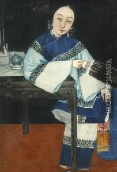 Lady Seated At A Table With Feather Wisp Oil Painting - Lam Qua