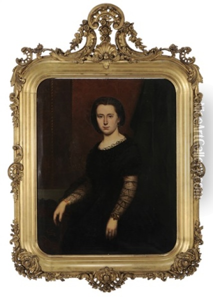 Portrait Of A Lady In Black Lace-trimmed Gown Oil Painting - Frans Verhas