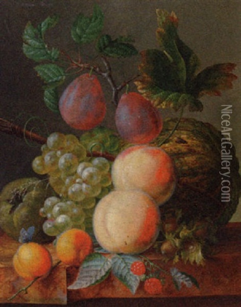Peaches, Plums, Grapes, Apricots, Raspberries, An Apple And A Melon On A Ledge Oil Painting - Willem Hekking