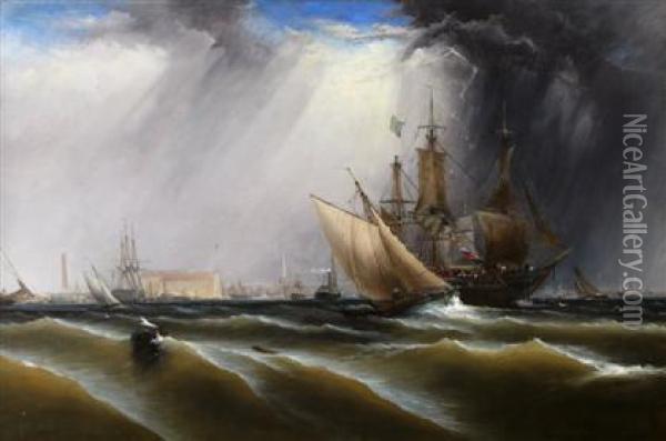 View Of Philadelphia Harbor Oil Painting - James Hamilton