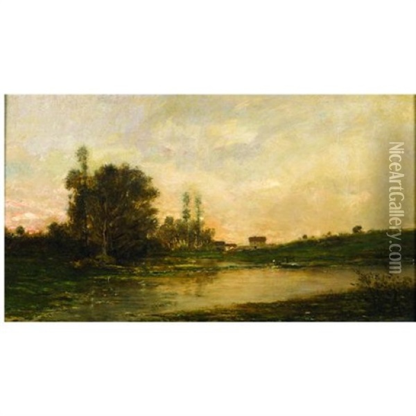 A River View With Figures On A Boat At Dusk Oil Painting - Charles Francois Daubigny