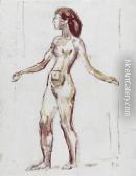 Female Nude Stepping To The Left. Oil Painting - Ferdinand Hodler