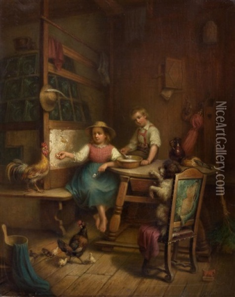 Brother And Sister With Family Of Hens And Dog In A Room Oil Painting - Friedrich Hohbach