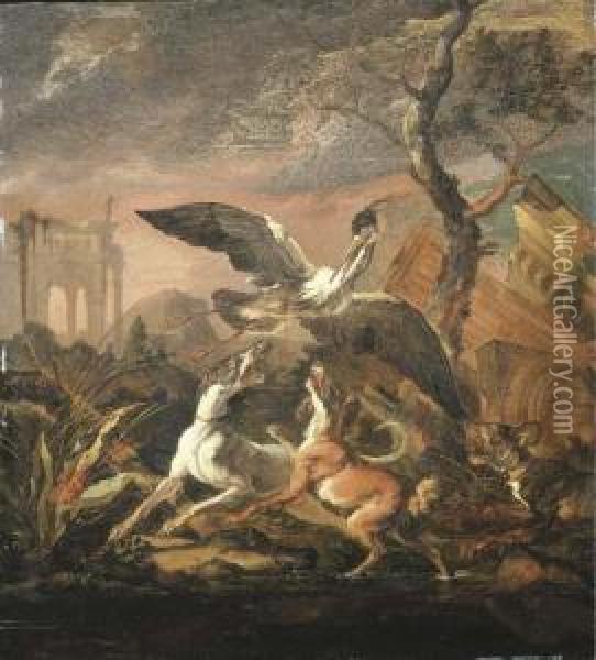 An Evening Landscape With Dogs Flushing A Heron Oil Painting - Abraham Hondius