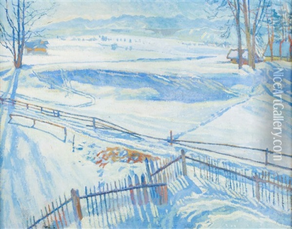 Zimowy Pejzaz Z Plotem Oil Painting - Stanislaw Kamocki
