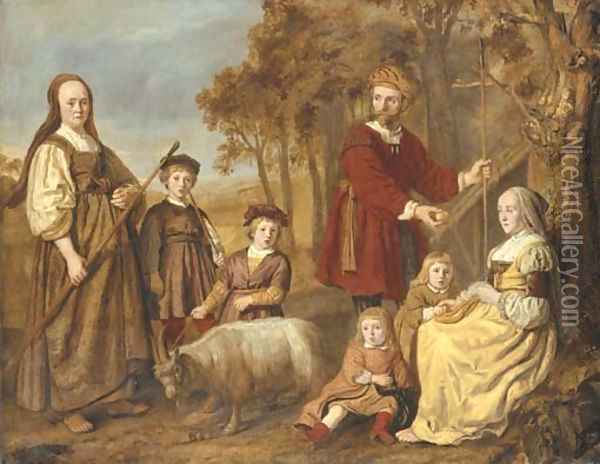 Group portrait of a family, full-length, in pastoral dress, in a landscape Oil Painting - Jan Victors