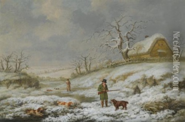Snipe Shooting In A Winter Landscape Oil Painting - James Barenger the Younger